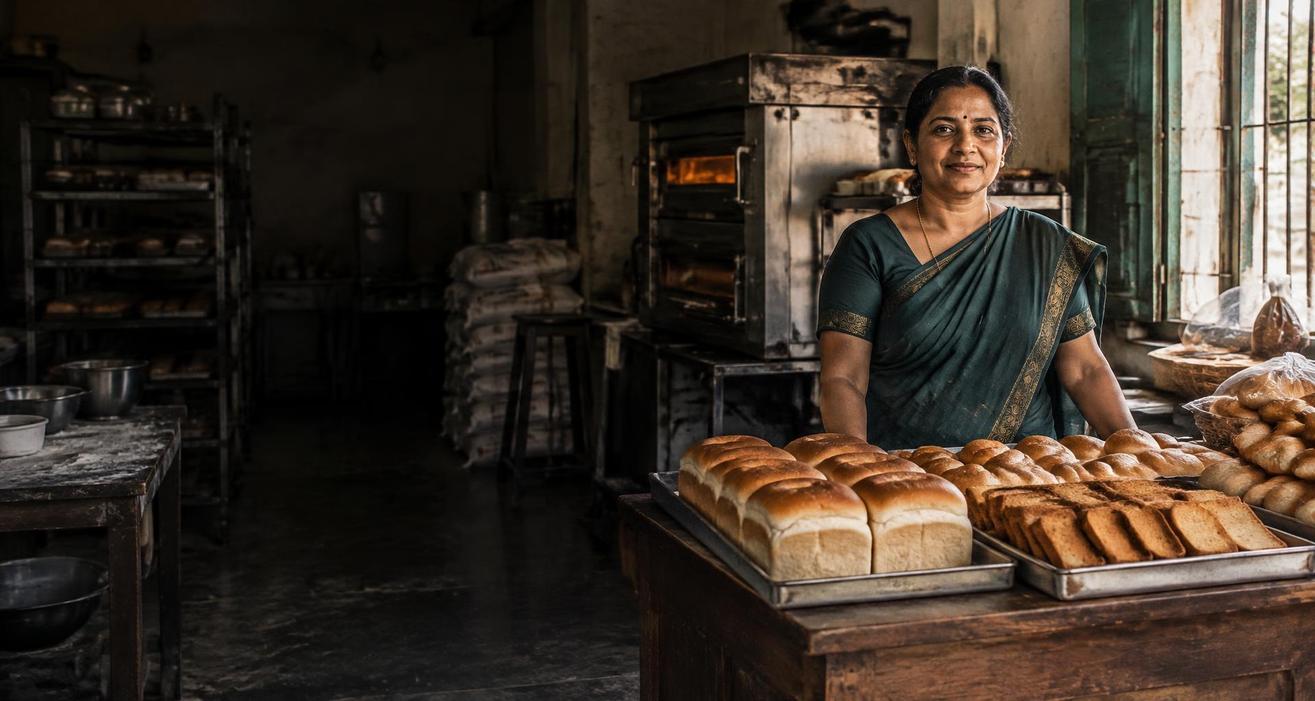 An illustrative Indian bakery owner beside trays of fresh bread